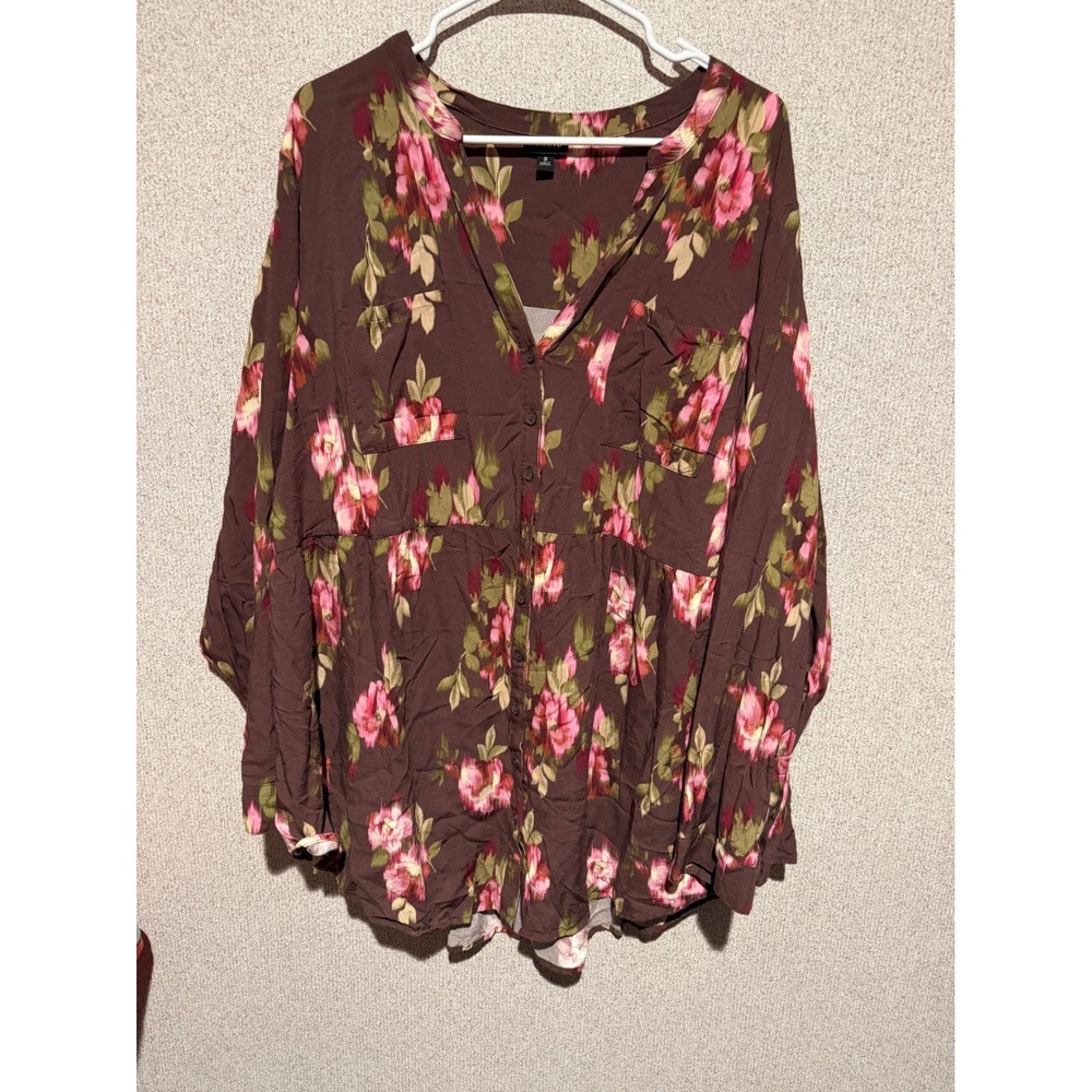 Torrid Womens Brown Pink Floral Babydoll Button Down Blouse Top Size 3 Plus‎